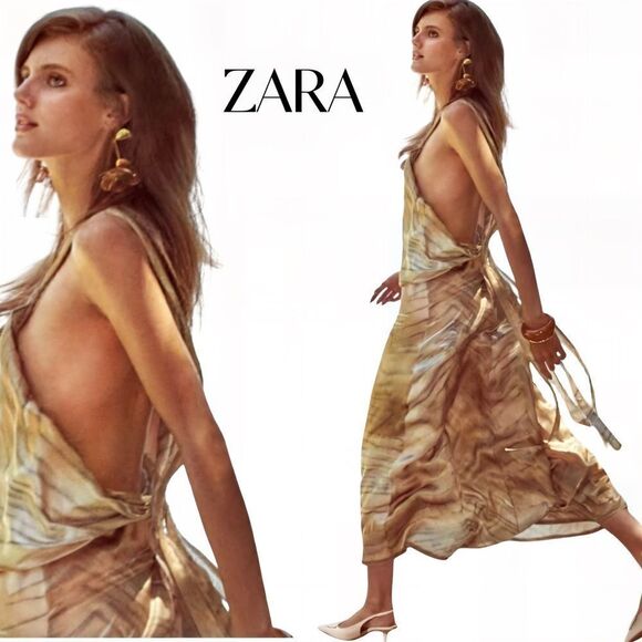 ZARA Elegant Cream and Brown Earth Print Dress Sz M NWT - Picture 1 of 14